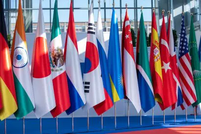 International flags representing official delegations at Salon du Bourget